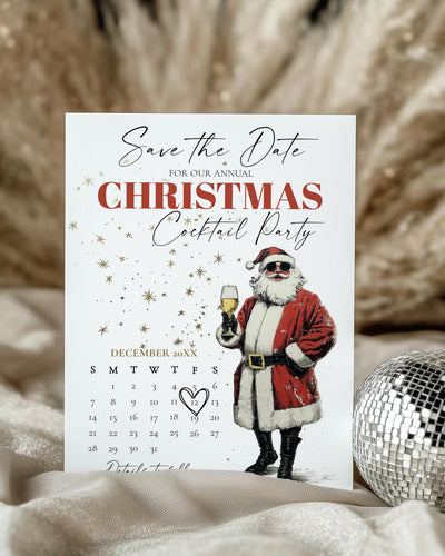 Retro Santa Save The Date Calendar Editable Christmas Party Invitation Champagne Holiday Template #072 - TheLovebirdsDesign