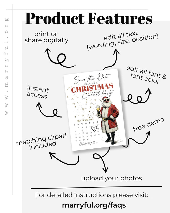 Retro Santa Save The Date Calendar Editable Christmas Party Invitation Champagne Holiday Template #072 - TheLovebirdsDesign
