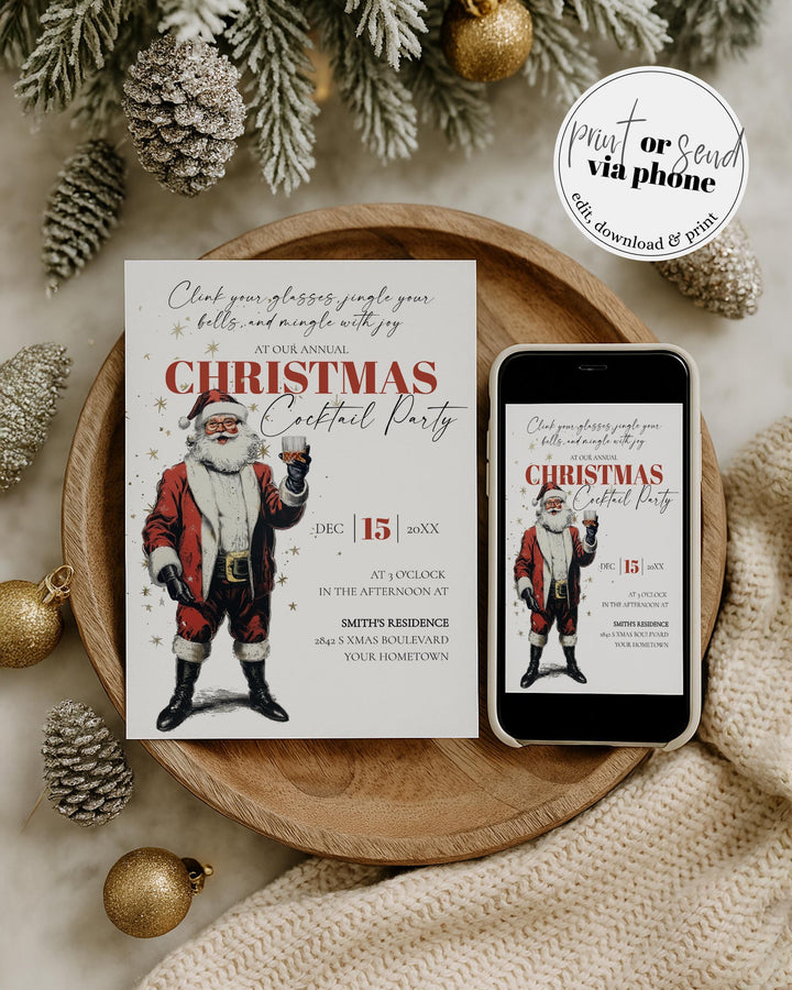 Santa Martini Christmas Party Invitation Editable Holiday Cocktail Celebration Jingle And Mingle Template #072 - TheLovebirdsDesign