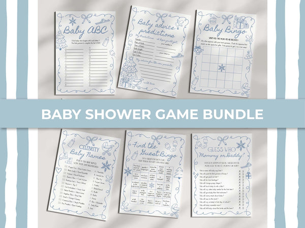 Keep guests entertained with this blue winter baby shower game bundle. Features fun doodle snowflakes, skiing accents, and a handwritten font — perfect for an après-ski baby shower before Christmas. Editable instantly in Corjl and easy to print.