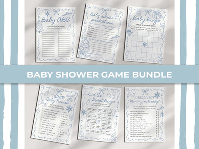 Keep guests entertained with this blue winter baby shower game bundle. Features fun doodle snowflakes, skiing accents, and a handwritten font — perfect for an après-ski baby shower before Christmas. Editable instantly in Corjl and easy to print.