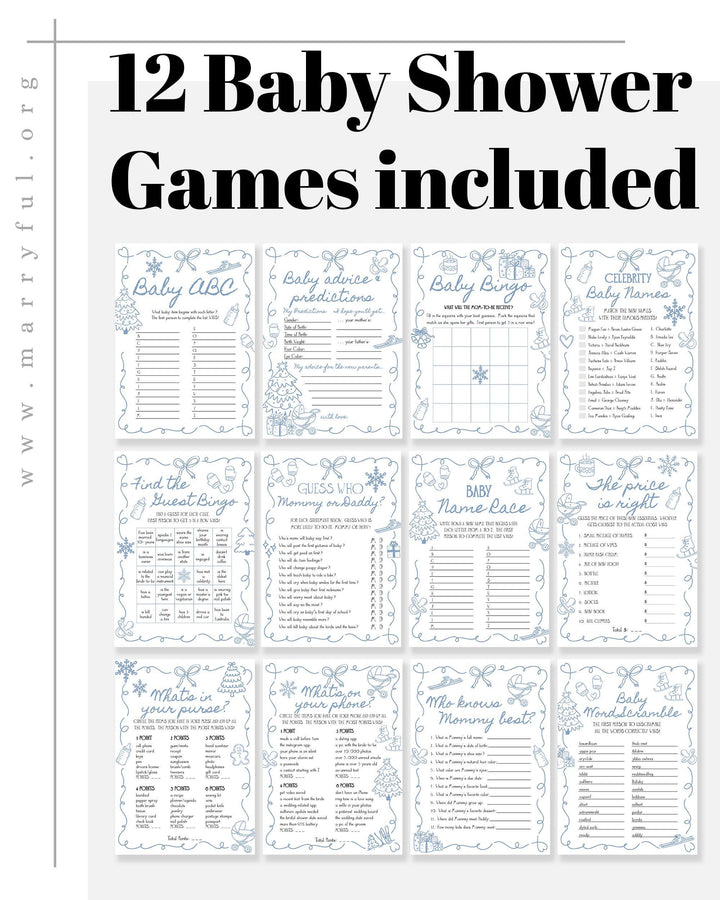 Winter Baby Shower Game Bundle Blue Snowflake Apres Ski Party Editable Template #070 - TheLovebirdsDesign