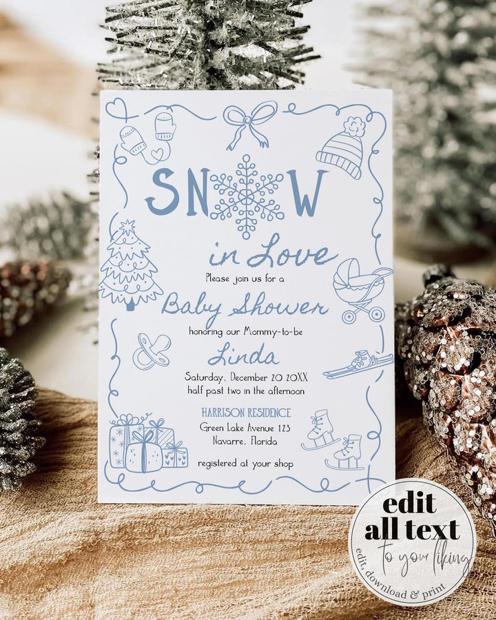 Snow in Love Winter Baby Shower Invitation Blue Snowflake Apres Ski Party Boy Template #070 - TheLovebirdsDesign