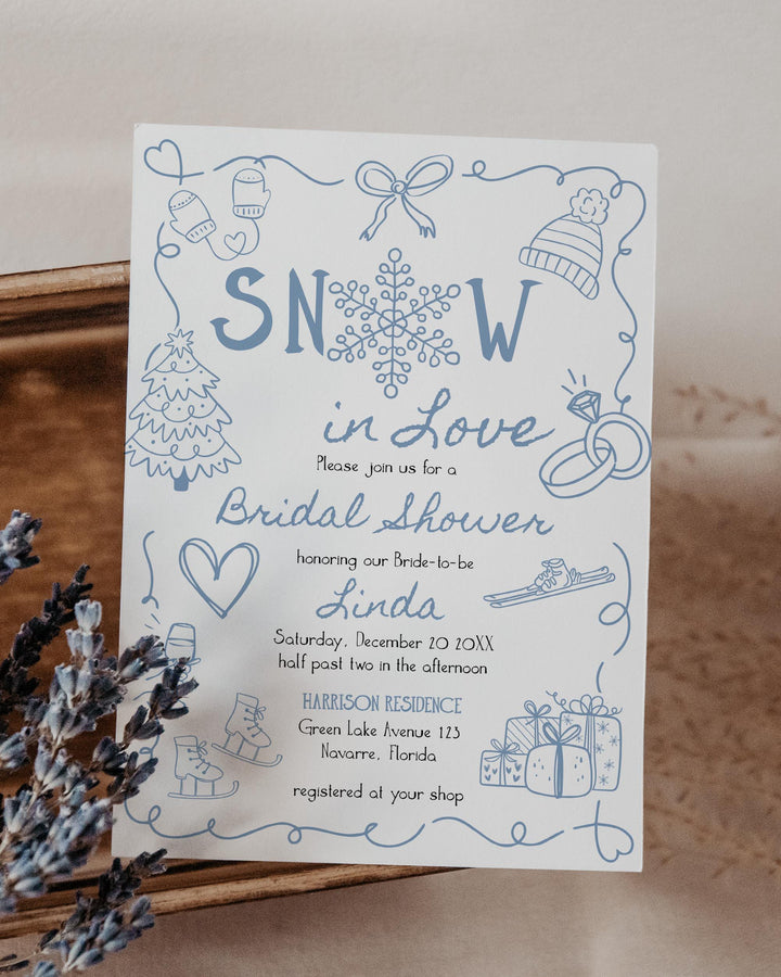 Snow in Love Winter Bridal Shower Invitation Blue Snowflake Apres Ski Party Template #070 - TheLovebirdsDesign