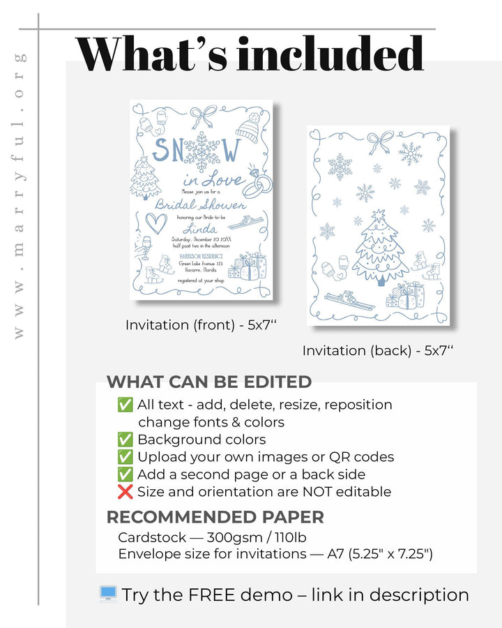 Snow in Love Winter Bridal Shower Invitation Blue Snowflake Apres Ski Party Template #070 - TheLovebirdsDesign