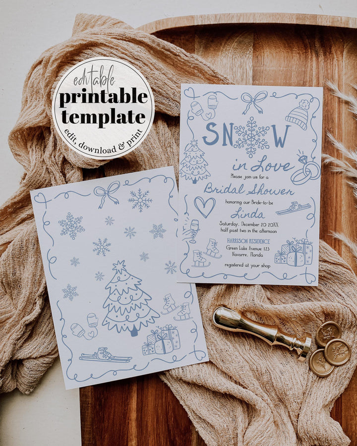 Snow in Love Winter Bridal Shower Invitation Blue Snowflake Apres Ski Party Template #070 - TheLovebirdsDesign