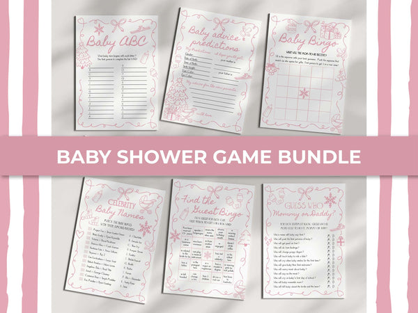 Add some fun to your Snow in Love baby shower with this pink winter game bundle. Whimsical doodle snowflakes and playful handwritten fonts create a cozy après-ski vibe — perfect for a pre-Christmas baby shower. Editable in Corjl and ready to print.
