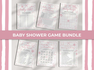 Add some fun to your Snow in Love baby shower with this pink winter game bundle. Whimsical doodle snowflakes and playful handwritten fonts create a cozy après-ski vibe — perfect for a pre-Christmas baby shower. Editable in Corjl and ready to print.