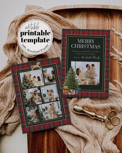 Christmas Photo Card Red Green Tartan Teddy Bear Rocking Horse Winter Holiday Template 068CH-POHCA - marryful.org