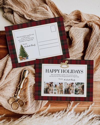 Holiday Photo Card Red Green Tartan Teddy Bear Rocking Horse Winter Family Template 068CH-POHCA - marryful.org