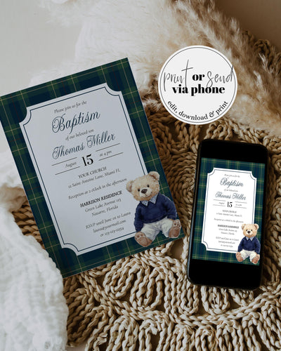 Vintage Tartan Teddy Bear Christening Invitation, Christian Church Baptism Template #068rl - TheLovebirdsDesign