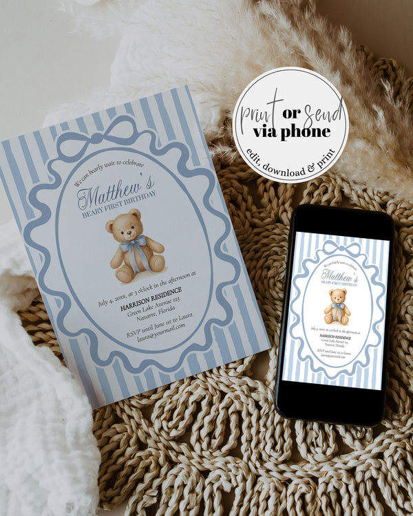 Beary First Birthday Invitation, Classic Blue Teddy Bear Vintage Boy Party Printable Design #068bl - TheLovebirdsDesign