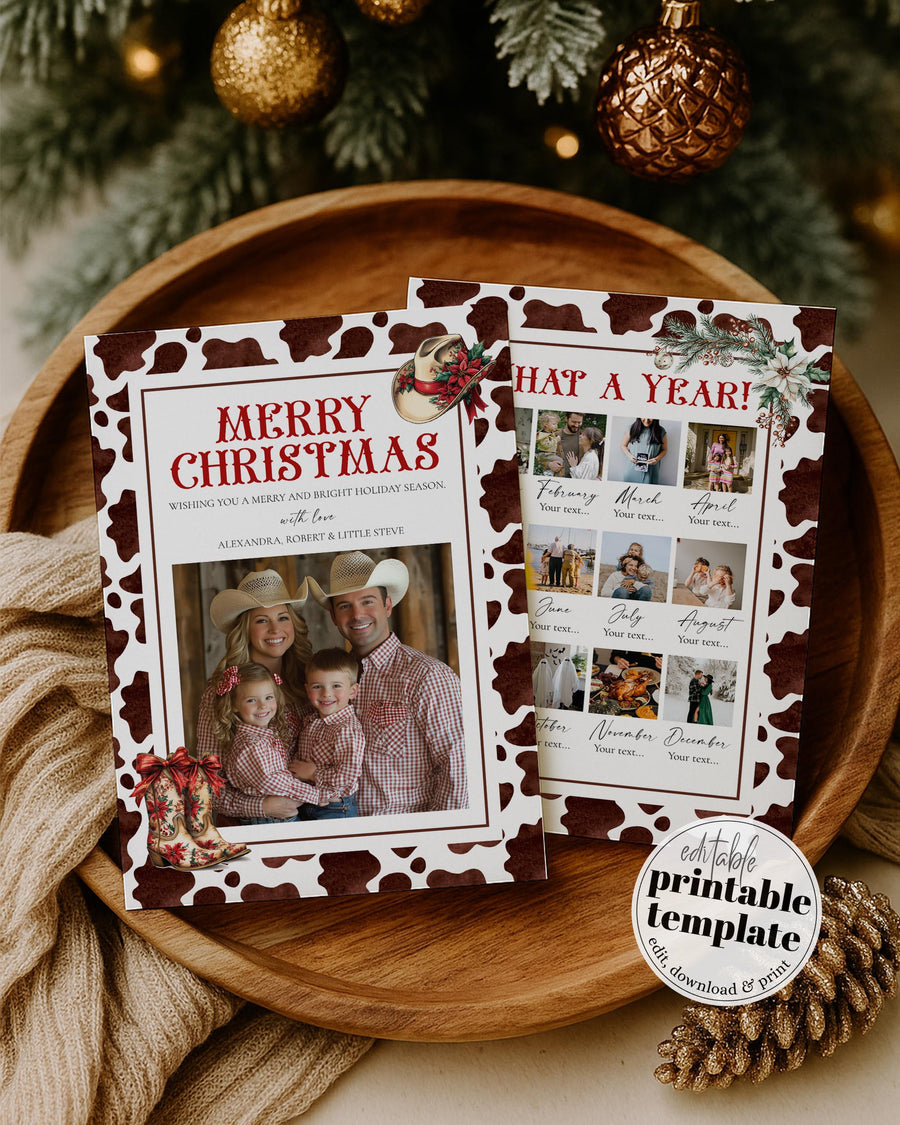 Western Year In Review Holiday Photo Card Rustic Cowhide Christmas Newsletter Greeting Template 022WE-CHPHCA - marryful.org