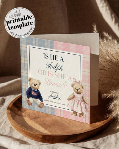 Polo Teddy Gender Reveal Card, Vintage Bear Greeting Baby Announcement Printable Editable Template #068rl - TheLovebirdsDesign