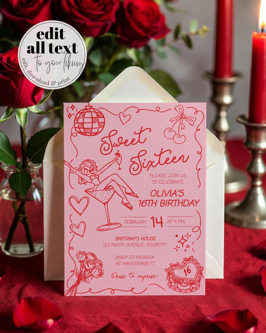 Sweet 16 Birthday Invitation Girl, Pink Red Doodle Editable Template with Cherries & Bows #070 - marryful.org
