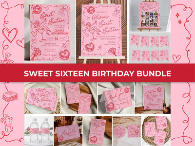 Sweet Sixteen Birthday Bundle, Pink Red Doodle Party Templates, Funky Girl 16th Birthday Decor - TheLovebirdsDesign