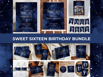 Celestial Sweet 16 Invitation, Starry Night Quinceañera Birthday Editable Party Template Bundle #066 - marryful.org