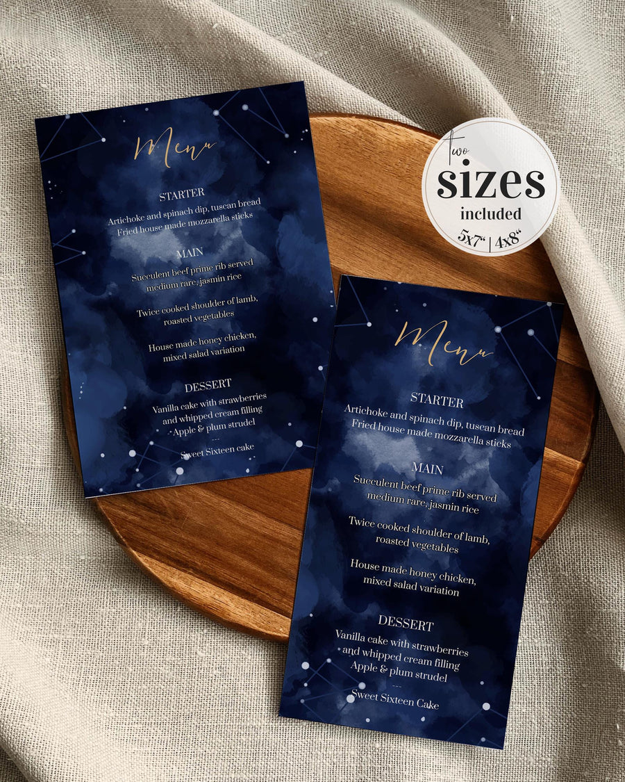 Celestial Wedding Menu Card Template, Navy Gold Starry Night Table Decoration Printable Design 066CE-MENU - marryful.org