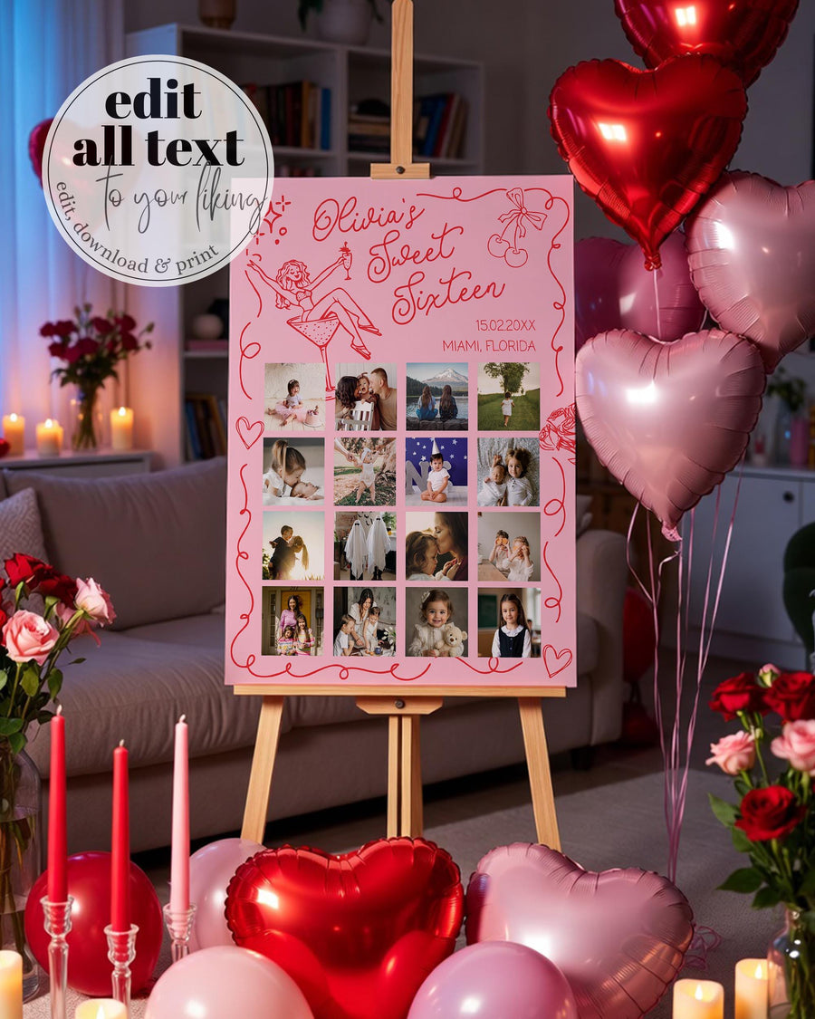 Sweet 16 Photo Collage Poster, Pink Red Quirky Doodle Birthday Montage Template Party Display #070 - marryful.org