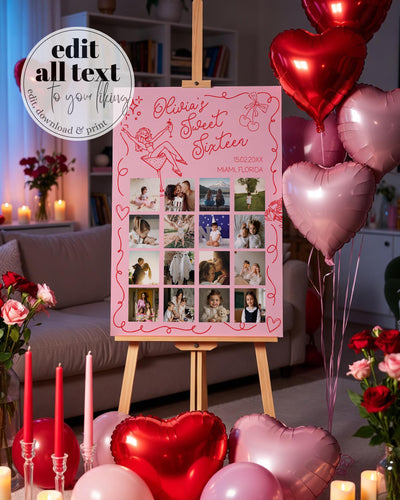 Sweet 16 Photo Collage Poster, Pink Red Quirky Doodle Birthday Montage Template Party Display #070 - TheLovebirdsDesign