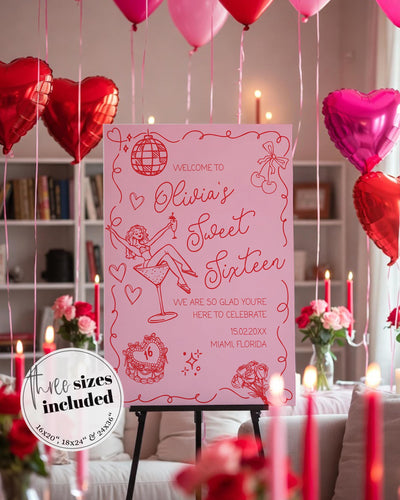 Sweet Sixteen Welcome Sign Template, Pink Red Quirky Doodle Birthday Party Printable Entrance Design #070 - TheLovebirdsDesign