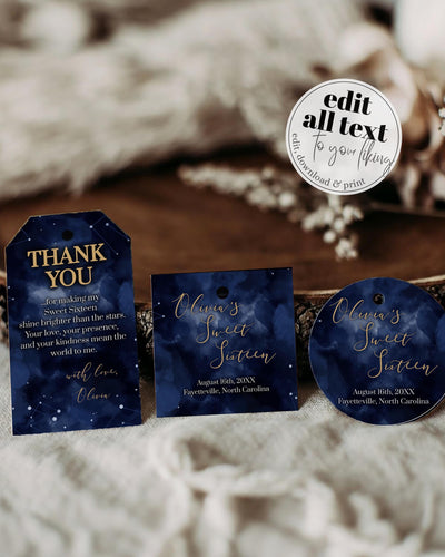 Celestial Favor Tags Template, Starry Night Sweet Sixteen Thank You Label Cupcake Topper #066 - TheLovebirdsDesign