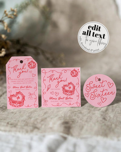Sweet Sixteen Favor Tags, Pink Quirky Doodle Thank You Label Cupcake Topper Template #070 - TheLovebirdsDesign