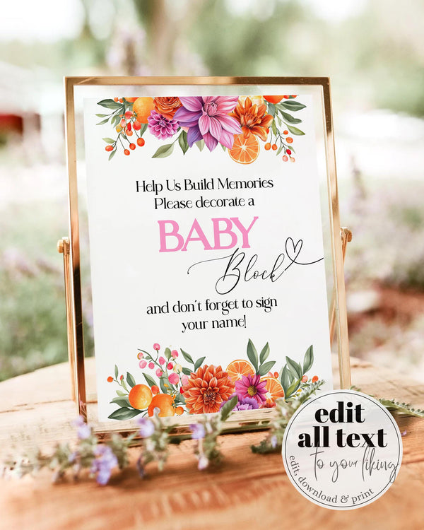 Pink Orange Floral Baby Block Decorating Sign Modern Font Build Memories Shower Template #072 - marryful.org
