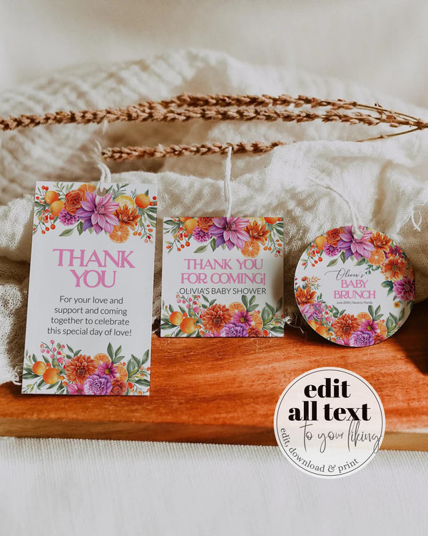 Bright Florals Pink Orange Favor Tags Citrus Baby In Bloom Labels Stickers Cupcake Toppers - TheLovebirdsDesign