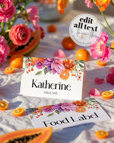 Bright Florals Pink Orange Place Cards Citrus Baby In Bloom Table Food Labels Template - TheLovebirdsDesign