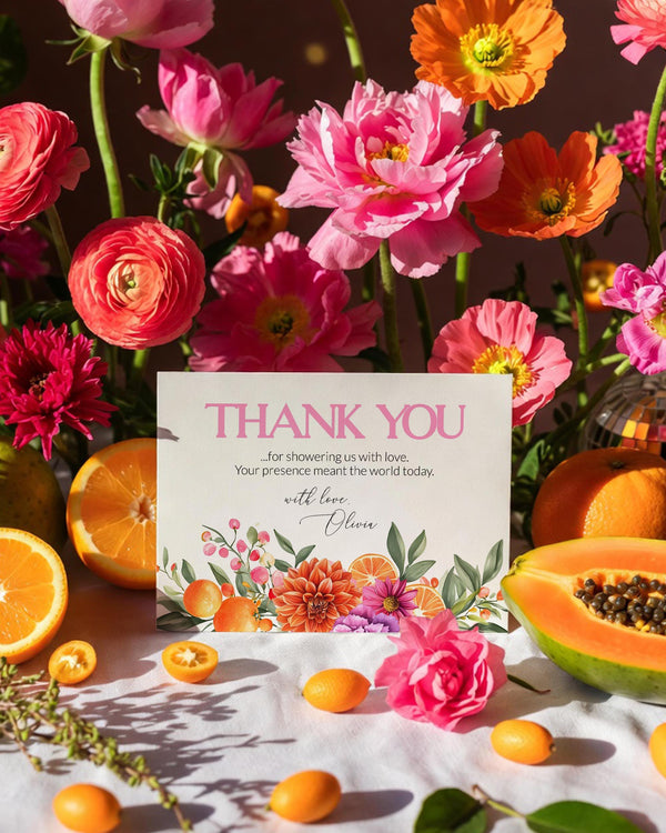 Bright Florals Pink Orange Thank You Card Citrus Baby In Bloom Printable Template #072 - TheLovebirdsDesign