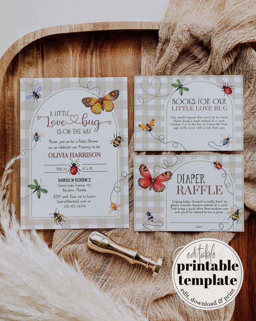 Love Bug Baby Shower Invitation Template, Beige Gingham Cottagecore Bugs Butterfly Invite 101LB-BSINV-BE - marryful.org