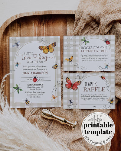 Cottagecore Love Bug Baby Shower Invitation Template, Gingham Bee & Butterfly Theme Printable #068 - TheLovebirdsDesign