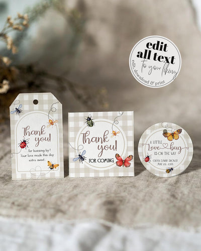 Lovebug Baby Shower Favor Tags, Butterfly Bug Label Stickers Beige Gingham Playful Printable Template #068 - TheLovebirdsDesign