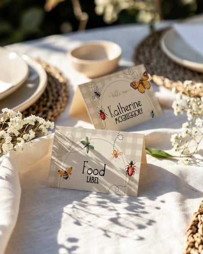 Lovebug Baby Shower Place Cards, Butterfly Bug Food Labels Beige Gingham Playful Party Template #068 - TheLovebirdsDesign