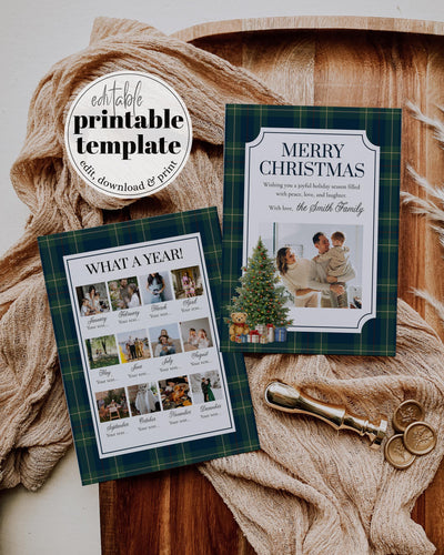 Christmas Photo Card Green Blue Tartan Teddy Bear Rocking Horse Winter Holiday Template #068 - TheLovebirdsDesign