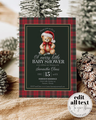 Christmas Baby Shower Invitation, Vintage Tartan Teddy Bear Holiday Invite, Winter Baby Template #068ch - TheLovebirdsDesign