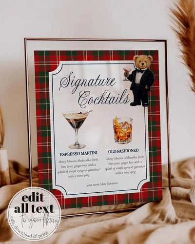 Christmas Cocktail Party Sign Template, Tartan Signature Drinks Menu with Tuxedo Teddy Bear #068rl - TheLovebirdsDesign