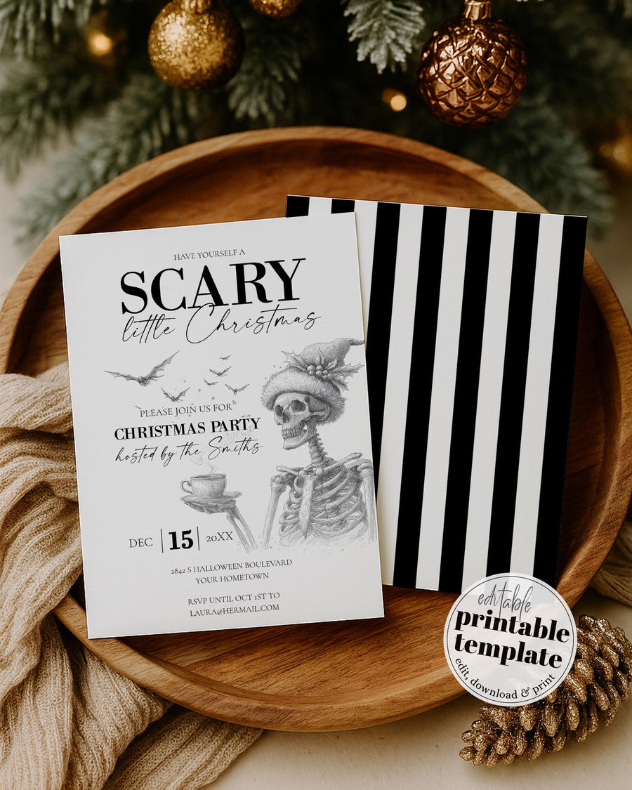 Gothmas Christmas Party Invitation, Skeleton Santa Holiday Invite, Dark Winter Template #072 - TheLovebirdsDesign