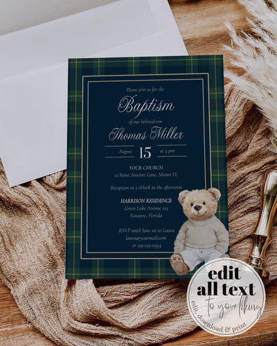 Preppy Polo Teddy Baptism Invitation, Blue Green Tartan Church Christening Template #068rl - TheLovebirdsDesign