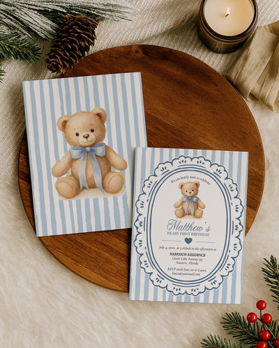 Vintage Teddy Bear Birthday Invitation, Blue Stripe Boy Party Printable, Editable Template #068bl - marryful.org