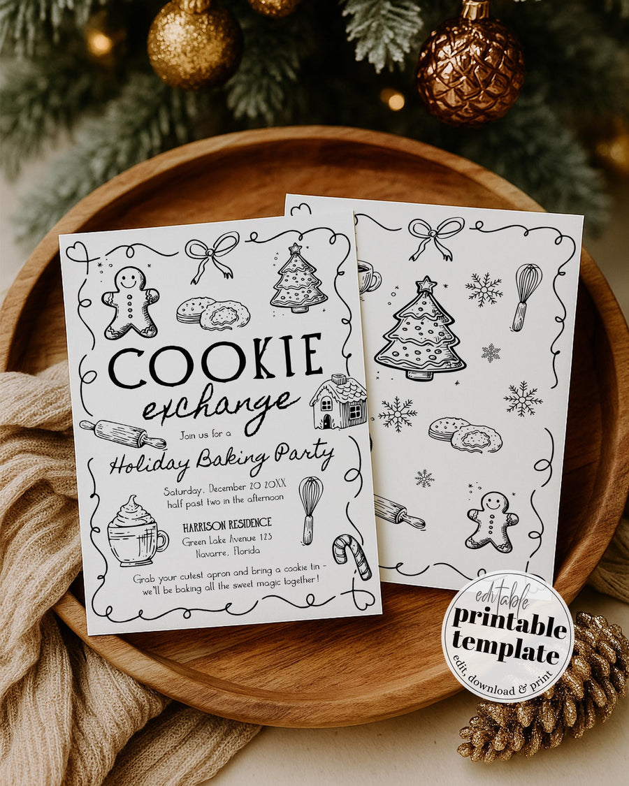 Cookie Exchange Invitation, Funky Doodle Holiday Baking Party Christmas Cookie Swap Editable Template #070 - marryful.org