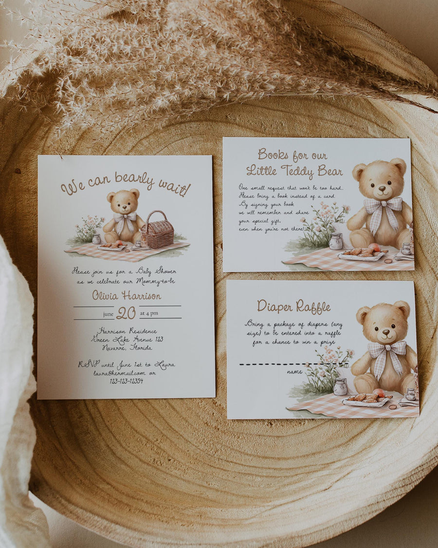 Beige Teddy Bear Picnic Baby Shower Invitation, Neutral Bear Shower Template Set #078 - TheLovebirdsDesign