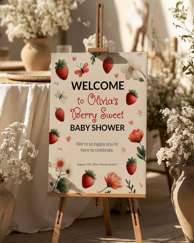 Strawberry Baby Shower Welcome Sign, Little Berry Party Entrance Decor Template 099SW-WLCM - marryful.org