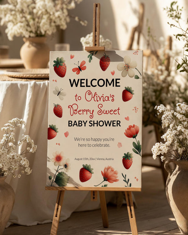 Strawberry Baby Shower Welcome Sign, Little Berry Party Entrance Decor Template #078 - TheLovebirdsDesign