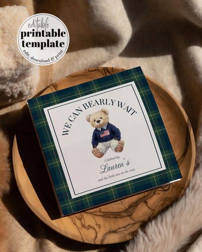 Polo Teddy Baby Shower Card, Preppy Vintage Bear Baby Greeting for Boy Printable Template - TheLovebirdsDesign