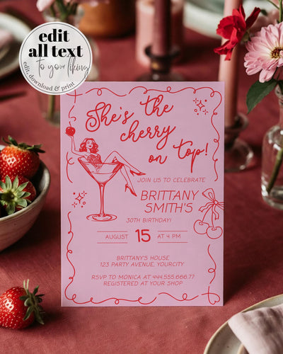 Cherry Martini Adult Birthday Invitation, Handwritten Tini Bit Older Martini Invite with quirky wavy frame, Cocktail Birthday Template #070 - TheLovebirdsDesign