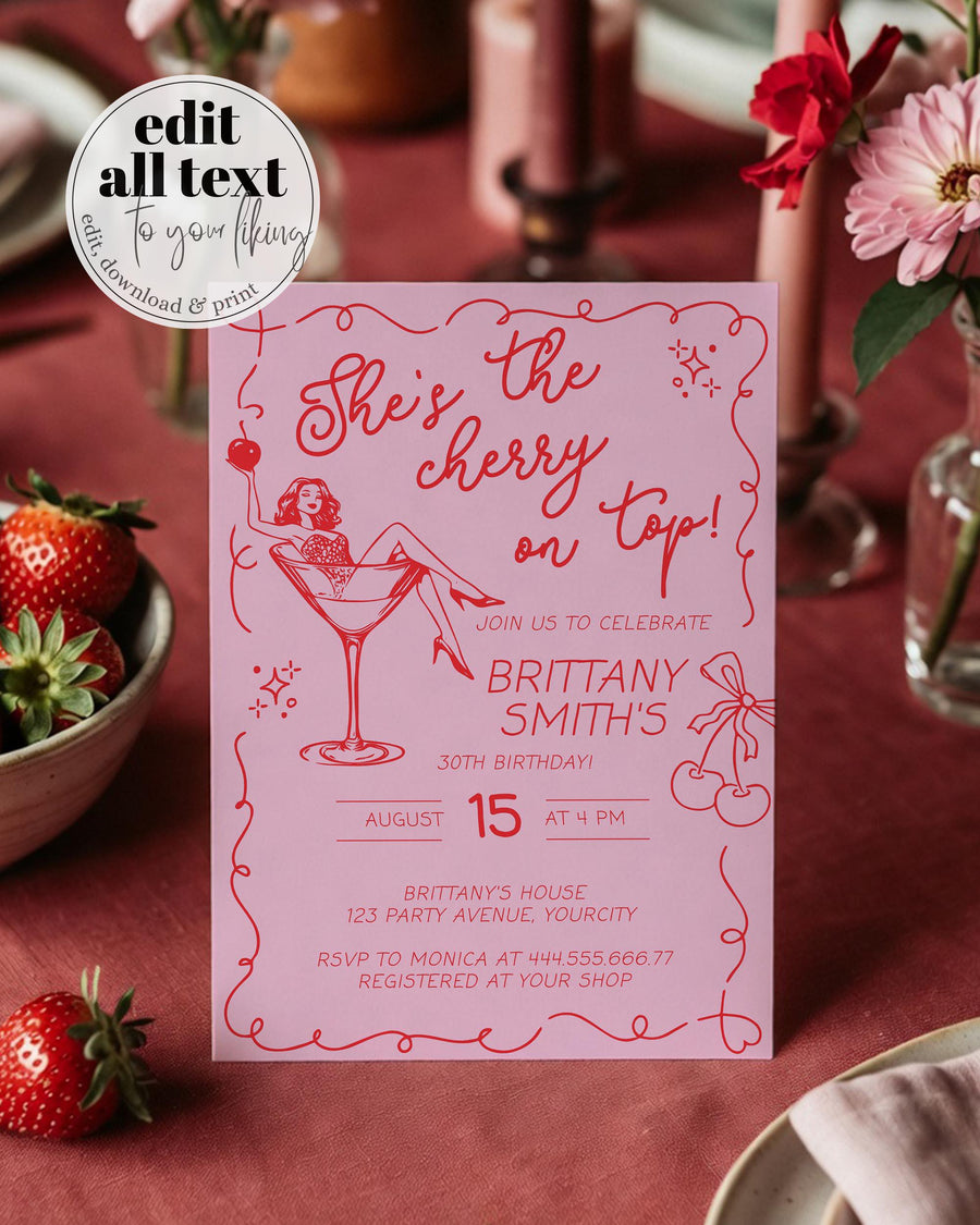 Cherry on Top 30th Birthday Invitation Coquette Wavy Frame Cherry Stripes Editable Template 070PI-BINV - marryful.org