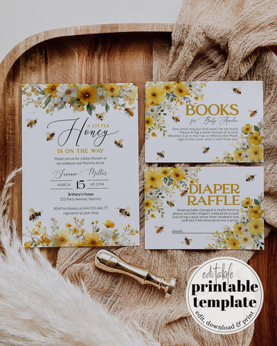Honey Bee Baby Shower Invitation Template, Sweet Honey Is On The Way Floral 079HB-BSINV - marryful.org