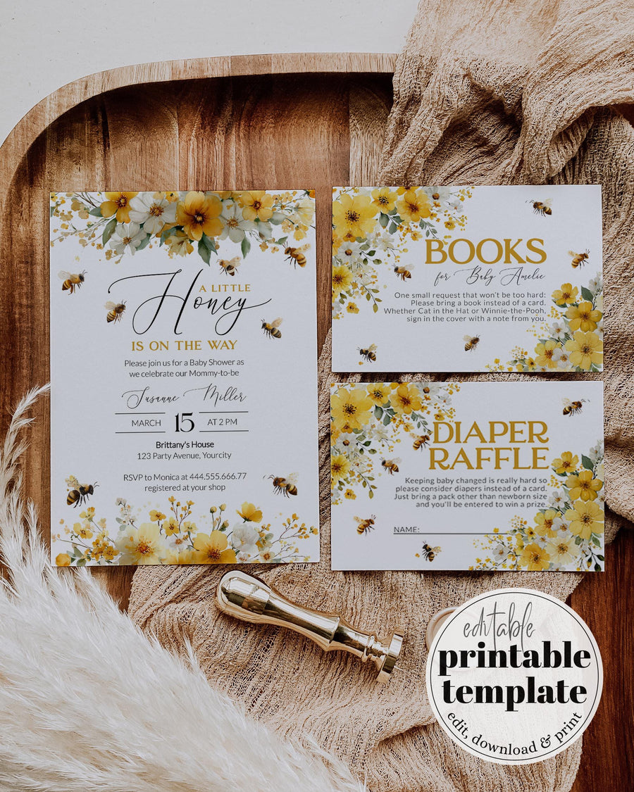 Honey Bee Baby Shower Invitation Template, Sweet Honey Is On The Way Floral 079HB-BSINV - marryful.org